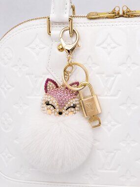 LV Authentic Gold Padlock 🔒 Key Set w/ Unbranded Fox Pom-pom Keychain Charm